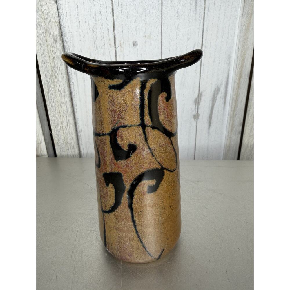 Hand Thrown Pottery Mini Vase With Handles Brown Orange Swirl 6in